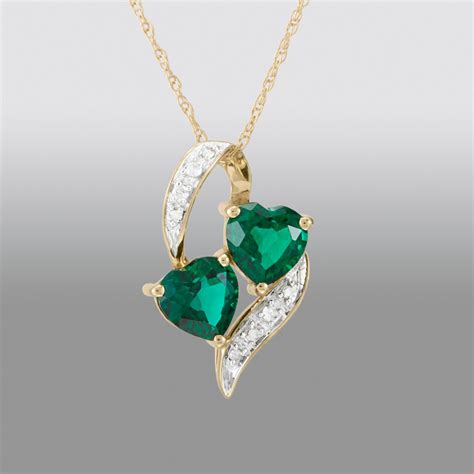 Lab Created Emerald And Diamond Double Heart Pendant 10k Yellow Gold