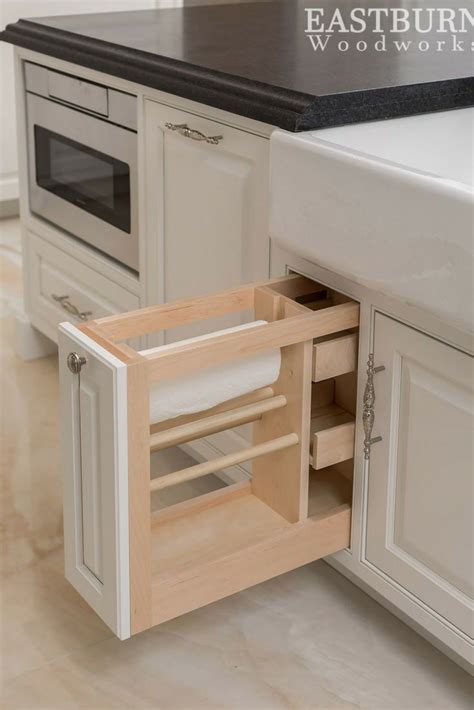 Custom White Kitchen Cabinets With Built In Paper Towel Holder