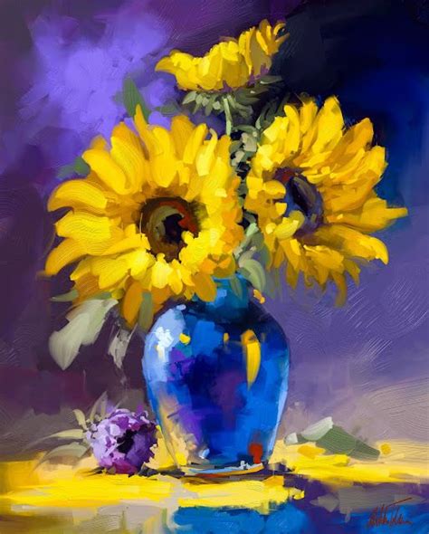 Sunflowers In A Blue Vase Still Life Digital Oil Painting By Mikko