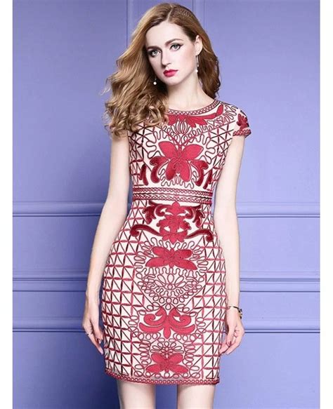 Unique Embroidery Pattern Bodycon Wedding Guest Dress With Cap Sleeves