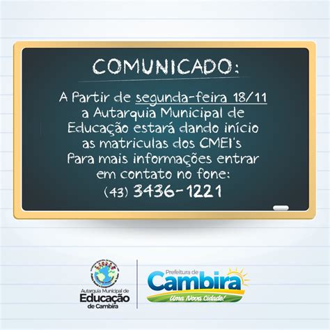 Comunicado Sobre Matrículas Dos Cmeis Prefeitura Municipal De