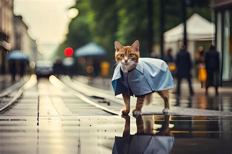 Un Gato Con Impermeable Camina Por Una Calle Mojada Foto Premium