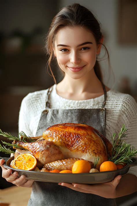 Woman proudly presents a roasted turkey dish for a holiday feast