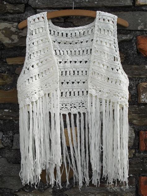 Vintage 70s Crochet Knitted Long Fringed Waistcoat Vest Hippie Hippy