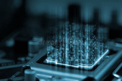 3D Rendering Of Digital Binary Data On Microchip With Glow Circuit