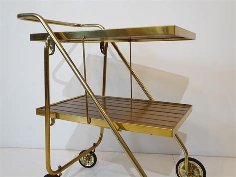 Mid Century Wood Brass Folding Bar Cart Trolley For Sale At 1stdibs