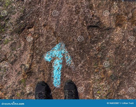 Schuhe Einer Menschlichen Stellung An Einem Blau Malten Richtungspfeil