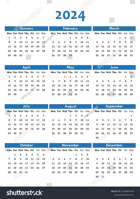 2024 Year Calendar Standard Corporate Design Ilustrações Stock