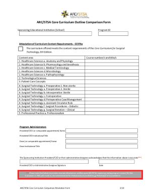 Fillable Online ARC STSA Core Curriculum Outline Comparison Form Fax