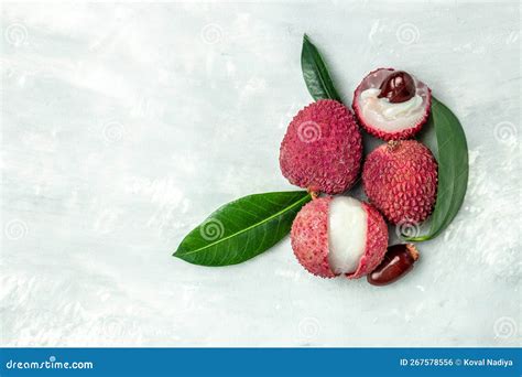 Sweet Lychees Fruits With Leaves On A Light Background Banner Menu