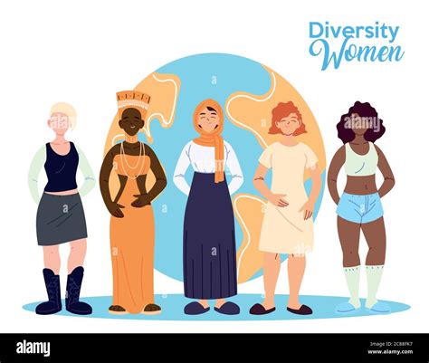 Dibujos Animados De Mujeres Delante Del Diseño Mundial Tema De Diversidad Cultural Y De Amistad