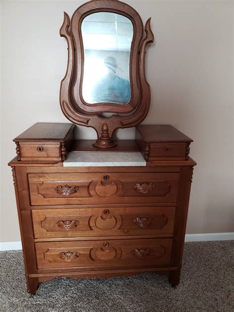 Victorian Antique Walnut Dresser Wishbone Mirror W Glove Box Ebay