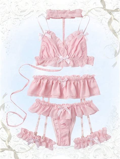ROMWE Kawaii Pcs Himekaji Solid Ruffle Trim Bow Decor Garter Lingerie