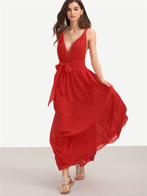 Red V Neck Tie Waist Sleeveless Maxi Dress SheIn Sheinside