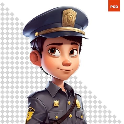 Renderização 3d de um garotinho policial chapéu de policial PSD