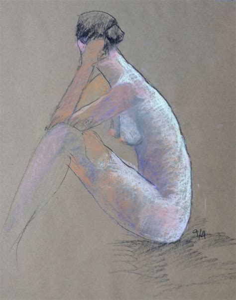 A Pastel Drawing Of A Nude Woman Sitting On The Ground With Her Hands