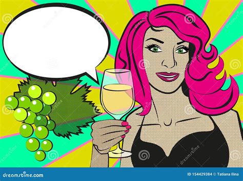 Pop Art Woman With Glass Of Red Wine Beautiful Woman Close Up Drinking