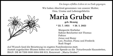 Traueranzeigen Von Maria Gruber Augsburger Allgemeine Zeitung