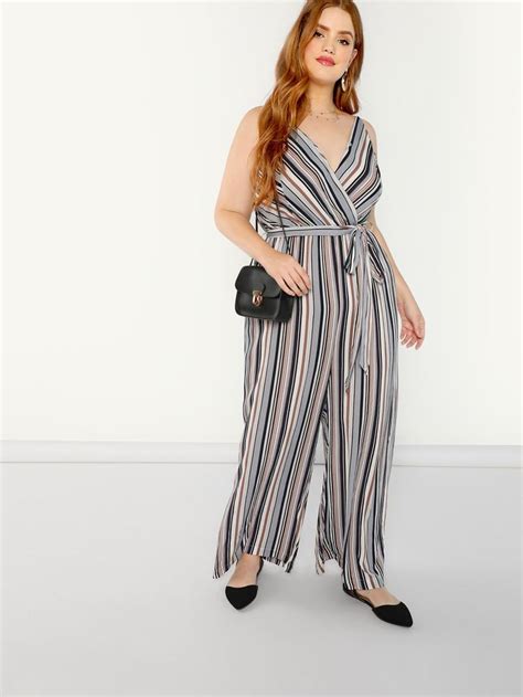 Shein Plus Surplice Neck Tie Waist Wide Leg Striped Jumpsuit Striped