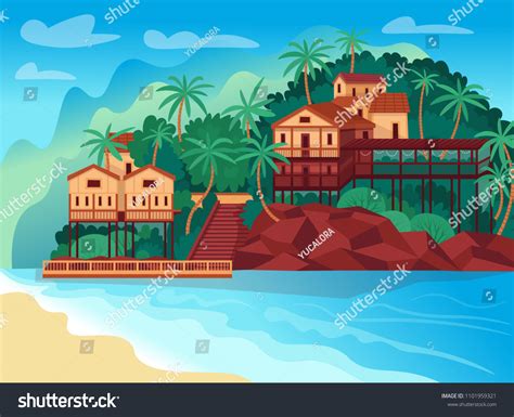 Tropical Island Bungalows Houses Flat Cartoon Stock Vector Royalty