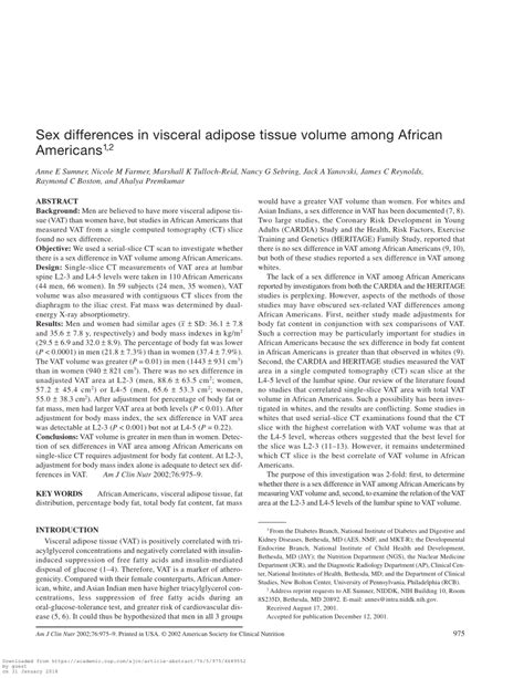 PDF Sex Differences In Visceral Adipose Tissue Volume Among African