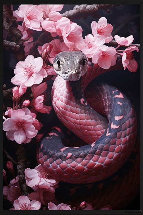 Snake Pink Flowers Poster Snake Coiled Print Snake Cherry Flowers Art