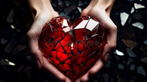 Womans Hands Are Holding A Red Broken Glass Heart A Shattered Heart Symbolizing Heartbreak