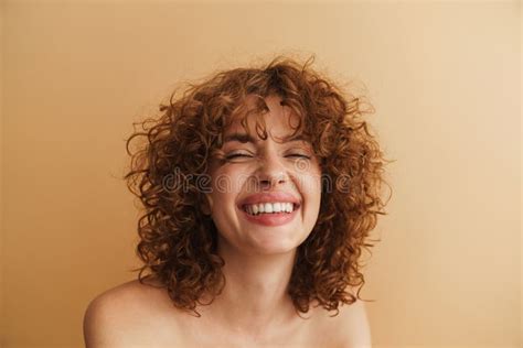 Half Naked Ginger Woman Laughing While Posing At Camera Stock Photo