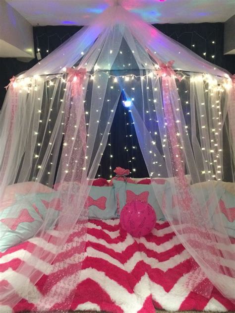 Girls Sleepover Birthday Party Tent Done With Lights Tulle Ribbon