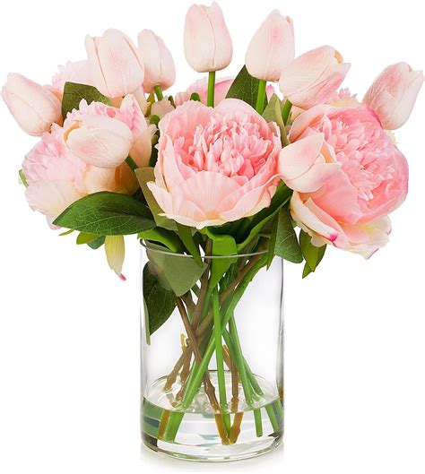 Enova Home Peony And Hydrangea Mixed Artificial Flower Arrangement With Clear Glass