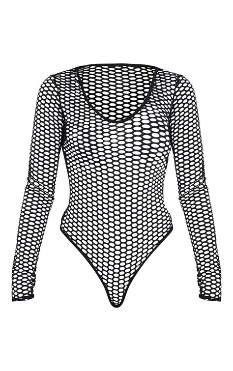 Black Fishnet Long Sleeve Bodysuit Tops Prettylittlething Aus