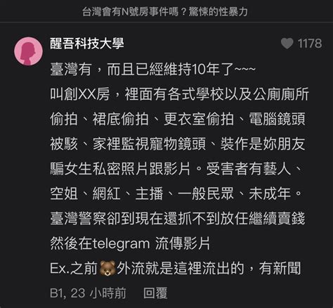 台灣會有n號房事件嗎？驚悚的性暴力 底下留言有女性分享自己被私密社群轉傳外流影片的經驗。也有女生提到自己的男友是來台灣讀書的韓國人，在韓國n號房事件發生但是，有台灣男同學一直去問她男朋友要如何