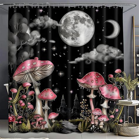 Hyper Realistic Pink Mushroom Forest Night Sky Shower Curtain Cartoon