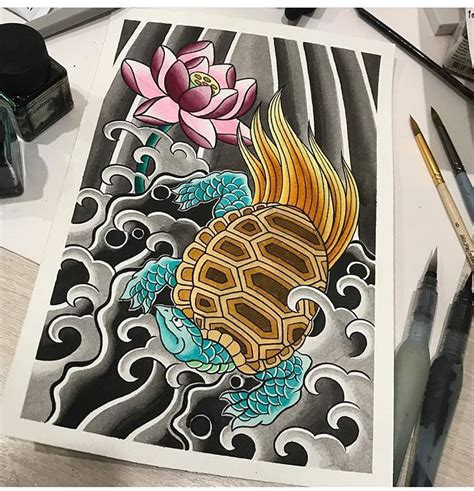 A Drawing Of A Koi Fish And Lotus On Paper