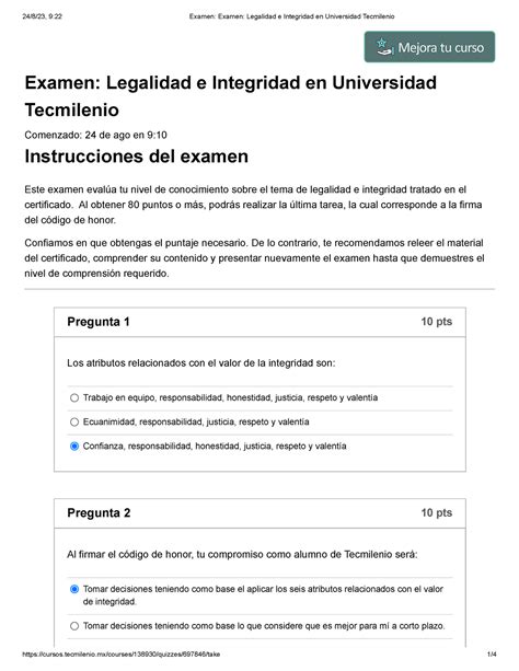 Examen Examen Legalidad E Integridad En Universidad Tecmilenio Examen