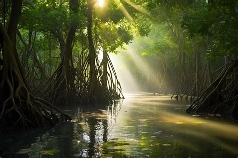 Bosque De Manglares Verde Con Luz Solar Matinal Ecosistema De Manglares