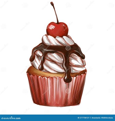 Cupcake with Cherry Realistic Sketch Stock Illustration - Illustration ...