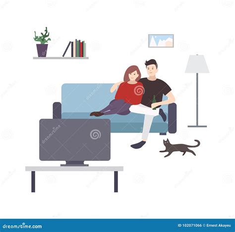 Cute Male and Female Cartoon Characters Sitting on Cozy Couch Stock ...