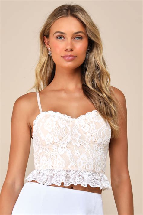 White And Beige Lace Top Bustier Cami Top Cropped Cami Top Lulus