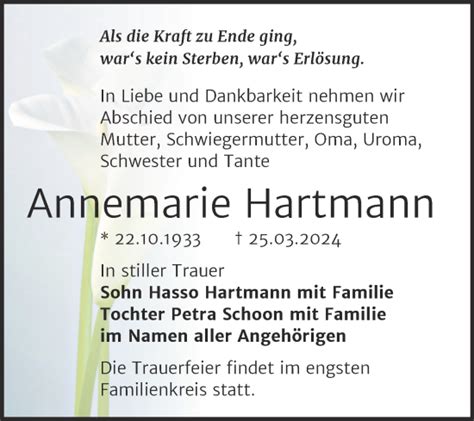 Traueranzeigen Von Annemarie Hartmann Abschied Nehmen De