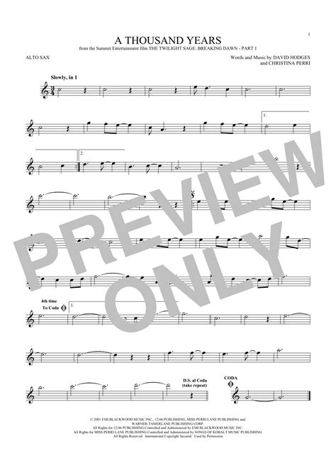 A Thousand Years By Christina Perri Sheet Music For Alto Sax Solo At