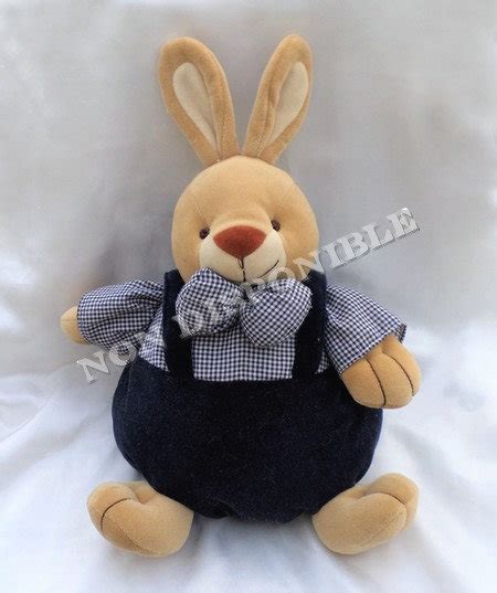 Doudou Peluche Lapin Boule Marron Et Vichy Bleu Marine Grelot Priscilla