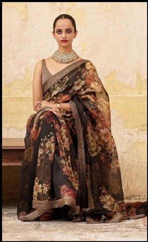 Brown Colore Designer Organza Silk Saree With Digital Printed Etsy