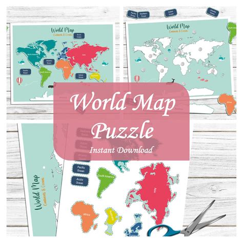 Continents Oceans Printable Puzzle World Geography Map Etsy