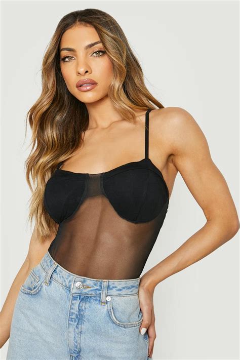 Women S Black Mesh Cupped Bodysuit Boohoo Uk