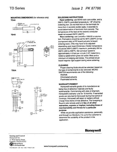 Td Series Install Instr Datasheet By Honeywell Sensing And Productivity