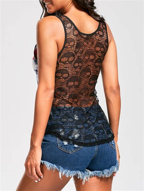 Off Openwork Lace Back Skull Flower Tank Top Rosegal