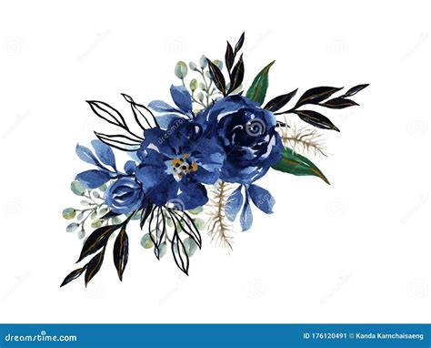 Watercolor Elegant Vintage Navy Indigo Blue Flower Bouquet And Leaves