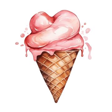 Heart In Ice Cream Waffle Cone Watercolor Valentines Day Love Ice Cream