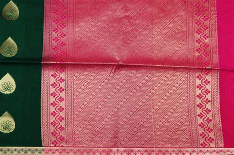 Tvis And Bliss Bottle Green And Pink Mercerised Kanchi Silk Cotton Saree